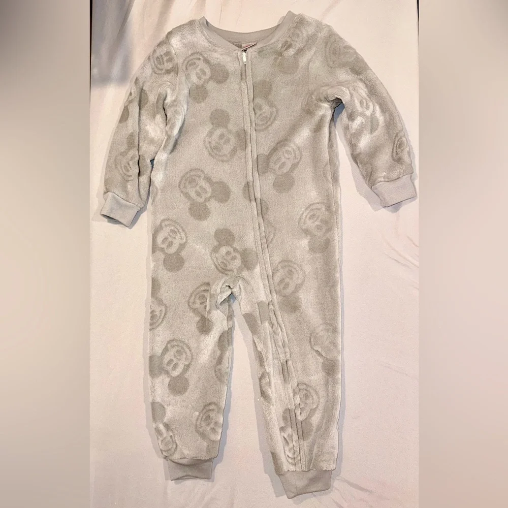 Disney Toddler Kids Gray Mickey Mouse Fleece One-Piece Footie Pajamas Size 4T